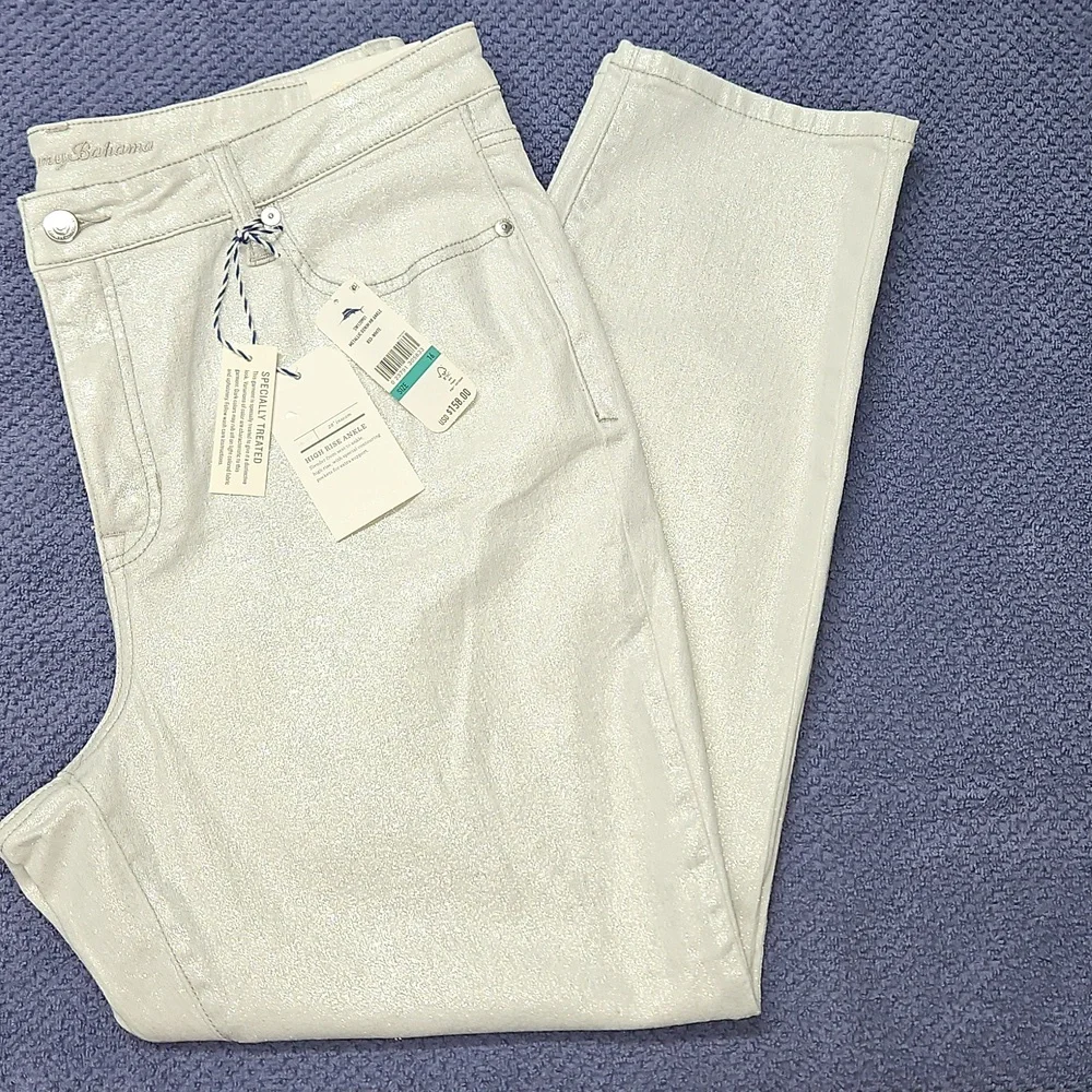 Tommy Bahama Metallic High Rise Ankle Denim: Metallic White/Silver: Size- 16 - Picture 3 of 16